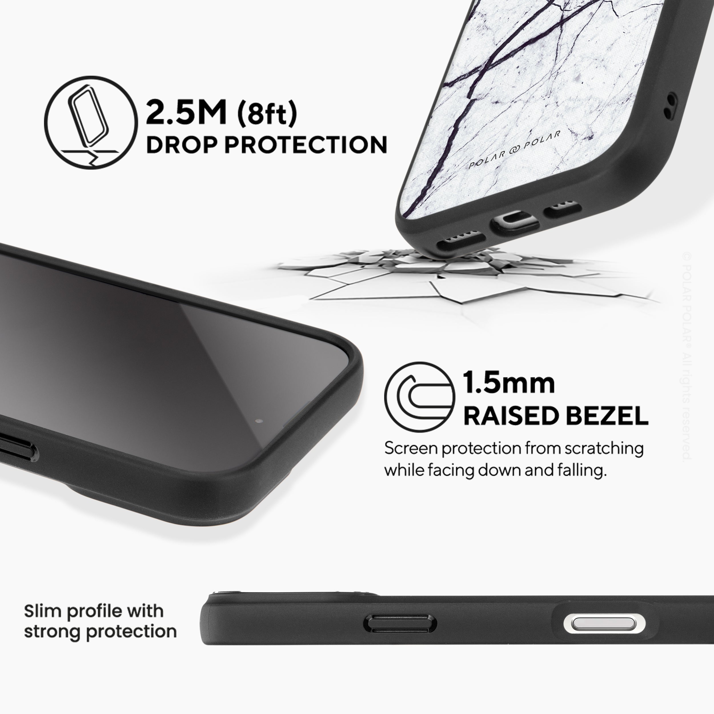經典白色雲石紋 - iPhone 16 Pro 黑磨砂防摔 MagSafe 手機殼