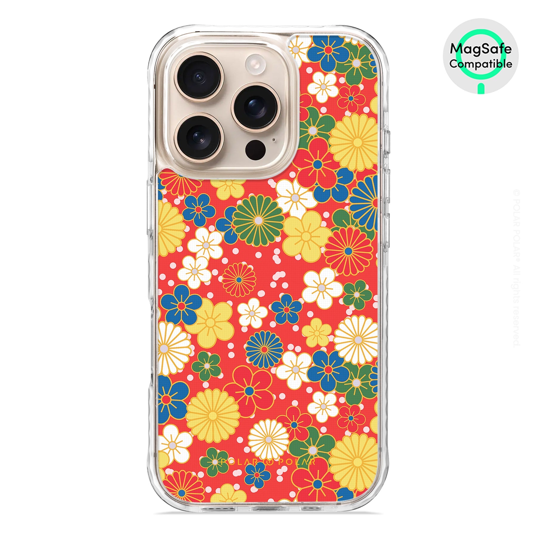 日系橙紅花紋 - iPhone 16 Pro 透明邊防摔 MagSafe 手機殼