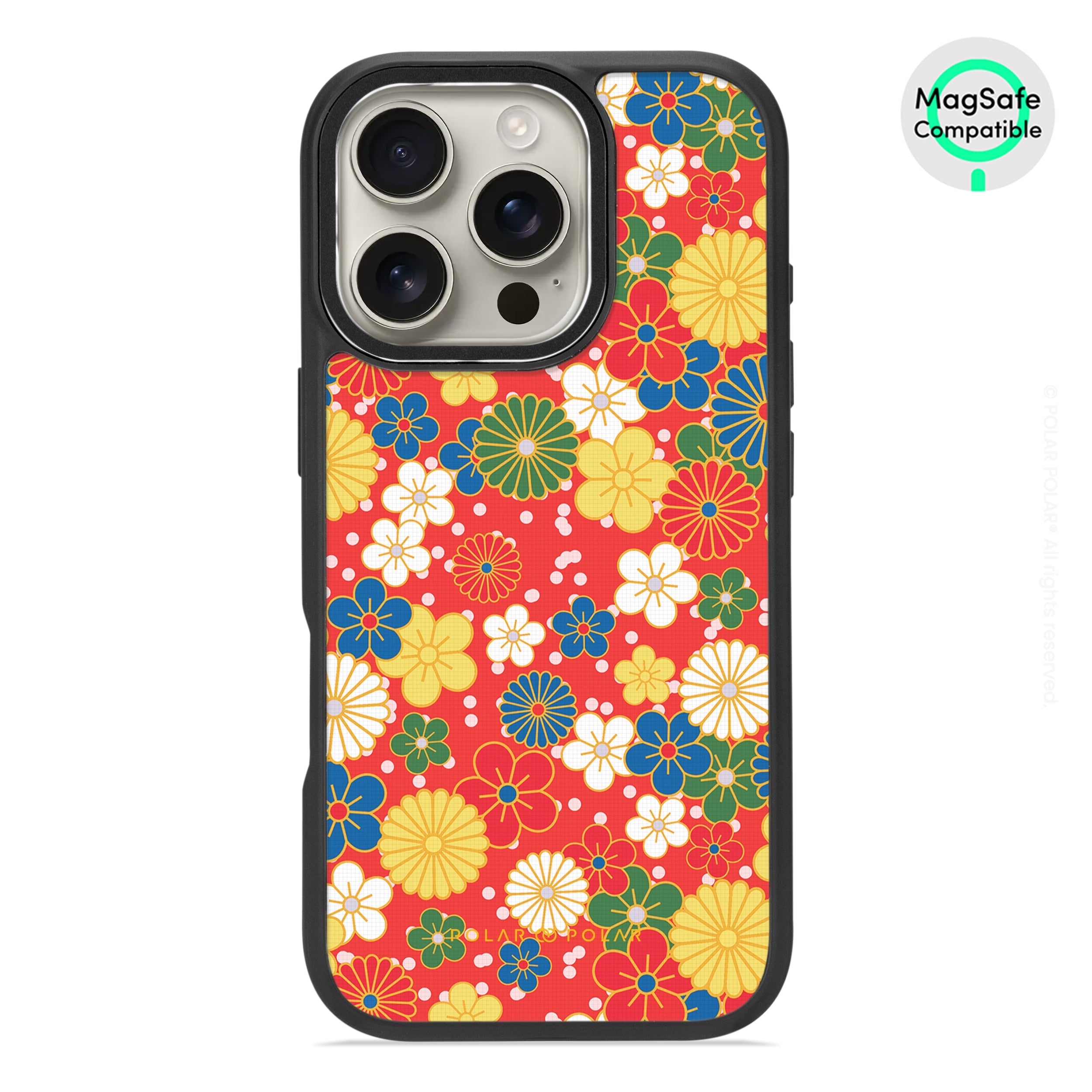 日系橙紅花紋 - iPhone 16 Pro 黑磨砂防摔 MagSafe 手機殼