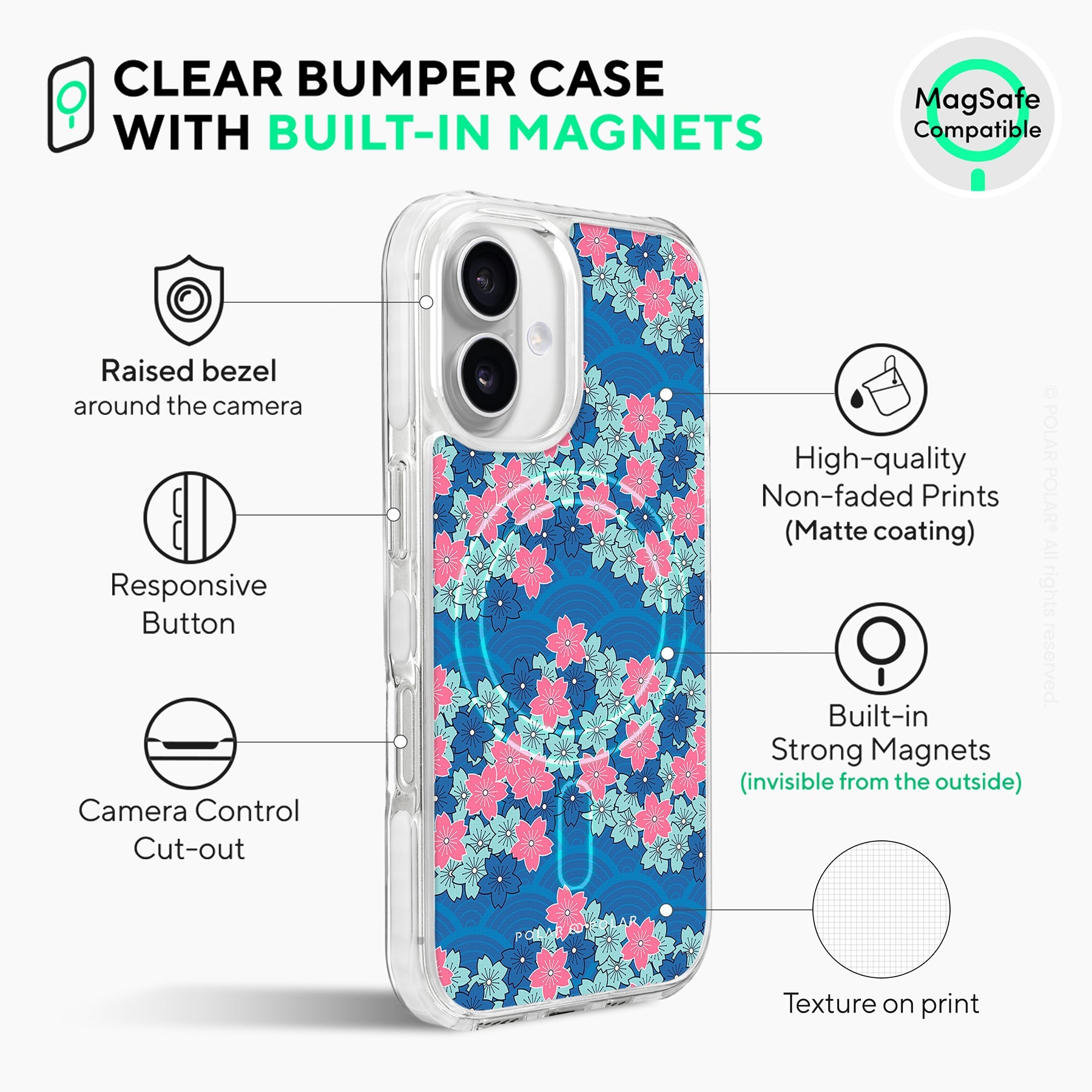 軍藍櫻花海 - iPhone 16 Plus 透明邊防摔 MagSafe 手機殼